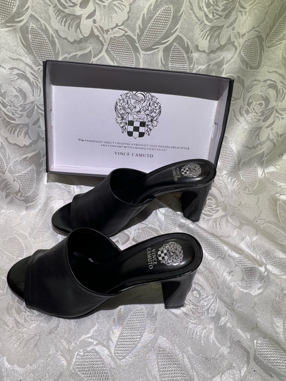 Vince Camuto Black Leather Open-Toe Block Heel Mules